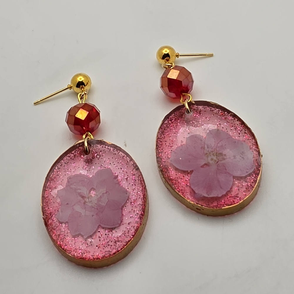 Gold-Trim Pink Floral Resin Drop Earrings